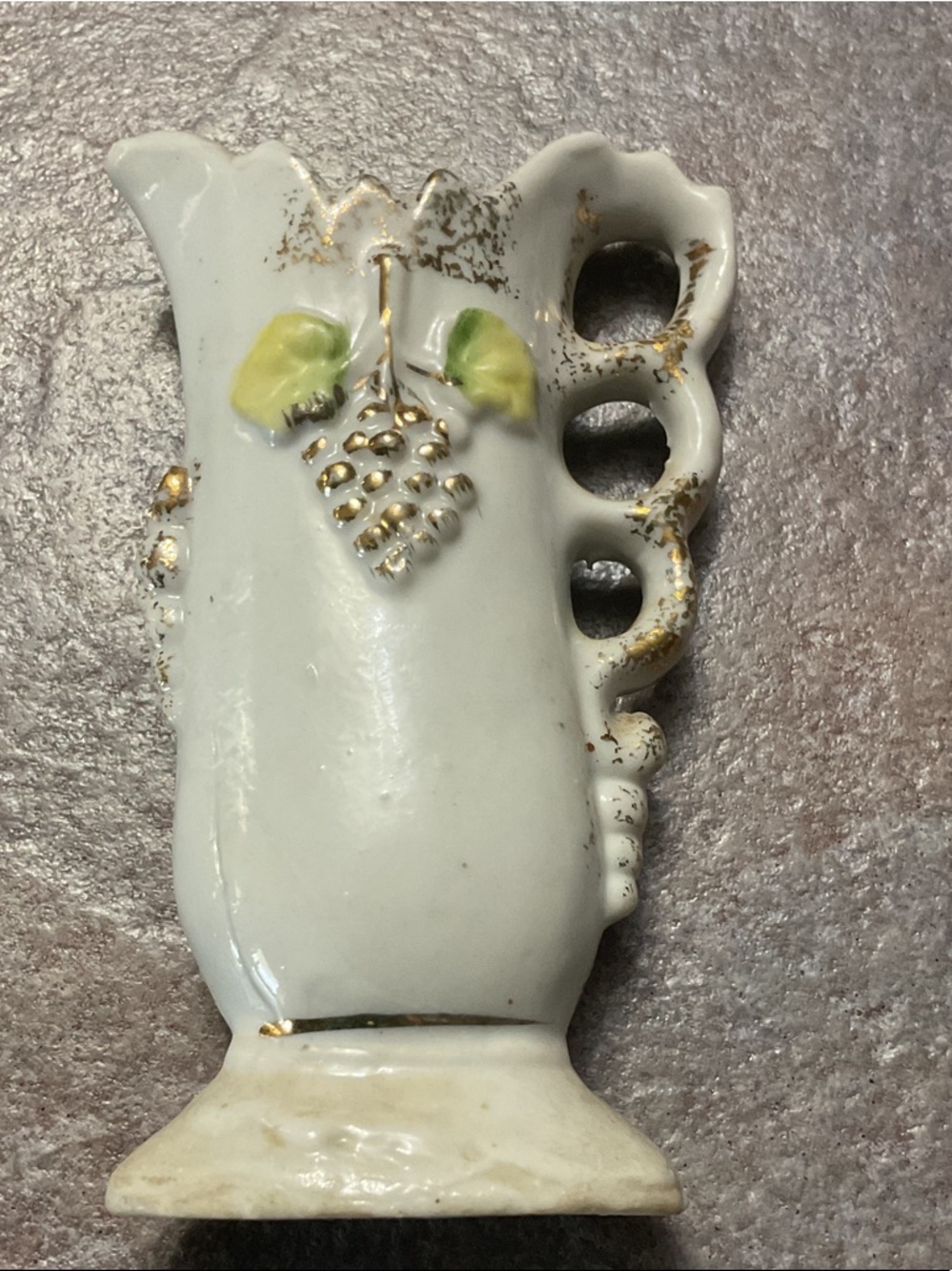 Porcelain White and Gold Miniature Pitcher with Green Leaf Accent Japan